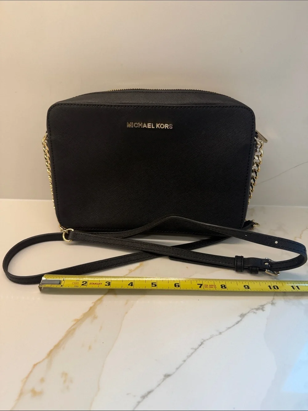 Michael Kors Black Leather Crossbody with Gold Chain Accents